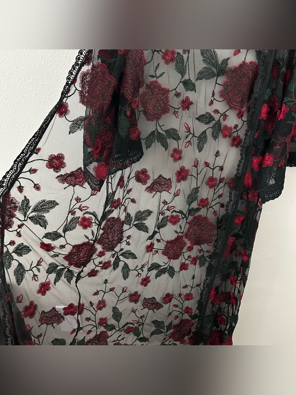 Lularoe Long Sheer Lace Duster Sweater S Black Red Embroidered Floral Whimsigoth - Picture 5 of 9